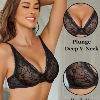 Avidlove Women's Lace Bra Sexy Sheer Underwire Unlined Plunge Everyday Bras Full Coverage Bralettes