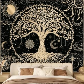 Avinyl Tree of Life Wall Tapestry for Bedroom, Sun and Moon Hippie Tapestries Aesthetic, Black and Gold Wall Hanging Home Decor for Dorm Living Room Office 51in x 60in