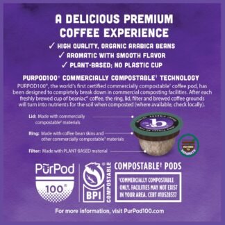 beaniac Organic Full On French Roast, Dark Roast, Single Serve Compostable K Cup Coffee Pods, Organic Arabica Coffee, Keurig Brewer Compatible, 30 Count