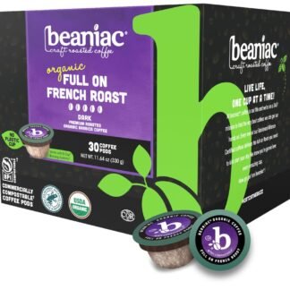 beaniac Organic Full On French Roast, Dark Roast, Single Serve Compostable K Cup Coffee Pods, Organic Arabica Coffee, Keurig Brewer Compatible, 30 Count