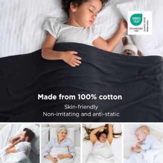 Bedsure GentleSoft 100% Cotton Blanket Queen Size for Bed - Breathable and Lightweight, Soft Cozy Textured Herringbone Woven Blanket for Summer, Black, 90x90 inches