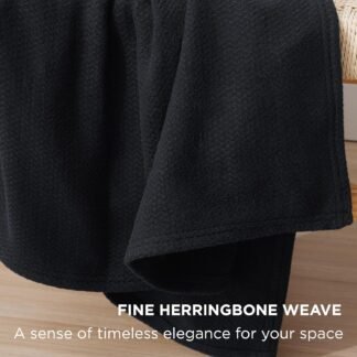 Bedsure GentleSoft 100% Cotton Blanket Queen Size for Bed - Breathable and Lightweight, Soft Cozy Textured Herringbone Woven Blanket for Summer, Black, 90x90 inches