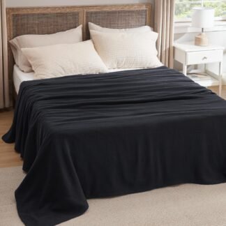 Bedsure GentleSoft 100% Cotton Blanket Queen Size for Bed - Breathable and Lightweight, Soft Cozy Textured Herringbone Woven Blanket for Summer, Black, 90x90 inches