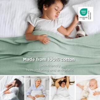 Bedsure GentleSoft 100% Cotton Blanket Queen Size for Bed - Breathable and Lightweight, Soft Cozy Textured Herringbone Woven Blanket for Summer, Sage Green, 90x90 inches