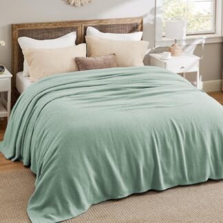 Bedsure GentleSoft 100% Cotton Blanket Queen Size for Bed - Breathable and Lightweight, Soft Cozy Textured Herringbone Woven Blanket for Summer, Sage Green, 90x90 inches