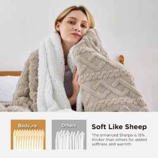 Bedsure Sherpa Fleece Throw Blanket for Couch - Soft Fluffy & Cozy Cable Jacquard Tufted Throw Blankets for Women Gift, Thick Warm Blanket for Winter and All Seasons, Beige,...