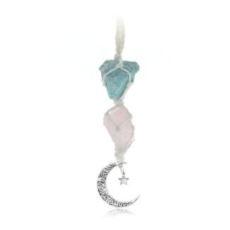 BOHO GARDEN Hanging Car Charm - Amazonite & Rose Quartz - Dangling Moon & Healing Crystal Accessories, Rearview Mirror Decorations - Self-Love, Honesty, Clarity, Connection,...