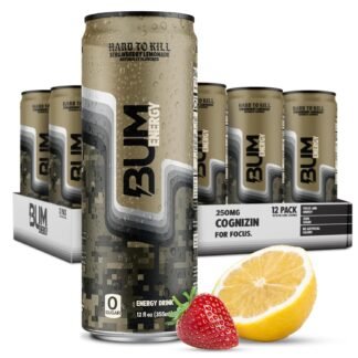 BUM Sugar-Free Energy Drink, Strawberry Lemonade - Lightly Carbonated & No Artificial Colors, Natural Caffeine & Citicoline for Energy, Focus, Brain Boost & Workout Sports...