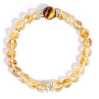 Citrine Crystal & Tiger’s Eye Stretch Bracelet with Zircon Inlay | 17CM Comfortable Elastic Fit | Healing Gemstone Bracelet Single Circle-Gift for Women Lady and Friends