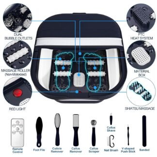 Collapsible Foot Bath Spa with Heat, Remote Control, Massage Rollers, Bubble, Foot Pedicure Kit, Red Light, Pedicure Foot Spa, Foot Bath for Gifts