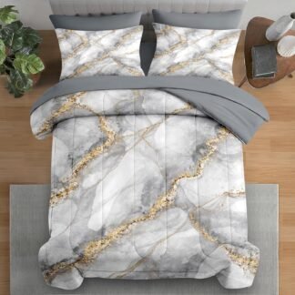 Comforter Set Full Size, Marble Gold Stone 7 Pcs Bedding for Adults, Gray Vintage Retro Bed Sheet Sets with Fitted Sheet 2 Pillowcases & 2 Shams for Bedroom Bed Decor