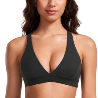 CRZ YOGA Butterluxe Deep V-Neck Sports Bras for Women - Spaghetti Strap Criss Cross Padded Top Low Coverage Wireless Yoga