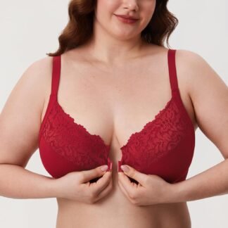 DELIMIRA Women's Front Closure Bras Posture Full Coverage Plus Size Lace Underwire Unlined Bra
