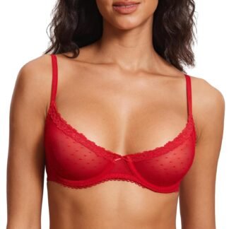 DOBREVA Women's Balconette Lace Bra See Through Demi Sheer Mesh Plus Size Underwire