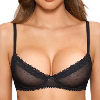 DOBREVA Women's Balconette Lace Bra See Through Demi Sheer Mesh Plus Size Underwire