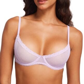 DOBREVA Women's Balconette Lace Bra See Through Demi Sheer Mesh Plus Size Underwire