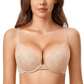 DOBREVA Women's Push Up Lace Bra Underwire Plunge Full Coverage Bras Sexy Plus Size Support