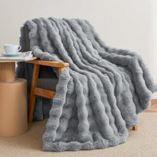 Faux Rabbit Fur Throw Blanket for Couch, Fluffy Warm Plush Thick Bubble Blanket for Bed Sofa Living Room, Soft Cozy Furry Blanket, 50x60 inches, Gray