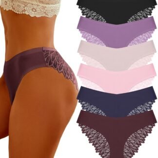 FINETOO 6 Pack Sexy Underwear for Women Silky Seamless No Show Panties Ladies Lace Bikini Lightweight Cheeky Hipster