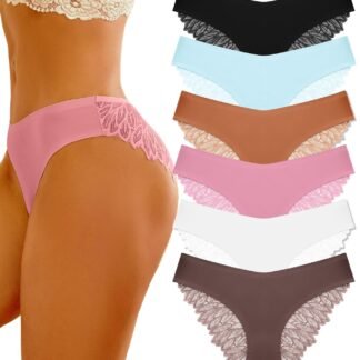 FINETOO 6 Pack Sexy Underwear for Women Silky Seamless No Show Panties Ladies Lace Bikini Lightweight Cheeky Hipster