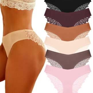 FINETOO 6 Pack Sexy Underwear for Women Silky Seamless No Show Panties Ladies Lace Bikini Lightweight Cheeky Hipster