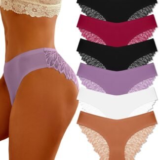 FINETOO 6 Pack Sexy Underwear for Women Silky Seamless No Show Panties Ladies Lace Bikini Lightweight Cheeky Hipster