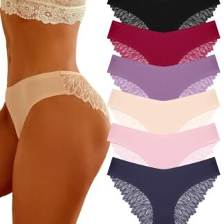 FINETOO 6 Pack Sexy Underwear for Women Silky Seamless No Show Panties Ladies Lace Bikini Lightweight Cheeky Hipster