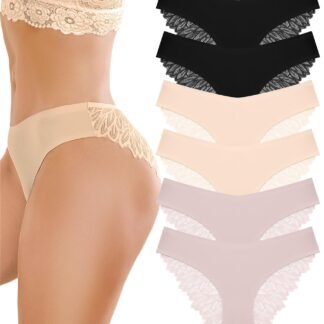 FINETOO 6 Pack Sexy Underwear for Women Silky Seamless No Show Panties Ladies Lace Bikini Lightweight Cheeky Hipster