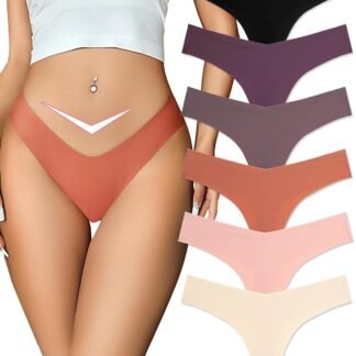 FINETOO Seamless Thongs for Women Sexy No Show Panties Invisible V-waisted Stretch Ladies Underwear 6 Pack