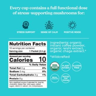Four Sigmatic Calm Organic Instant Coffee | Medium Roast Arabica with Reishi & Chaga Mushrooms for Stress Relief & Mood Support | USDA Organic | Half Caffeine | 10 Packets