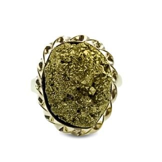 GEMSCITE Natural Pyrite Crystal Statement Ring, Raw Stone, Twisted Metal Band, Mix Shape