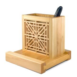 Handmade Hinoki Wood Desk Decor, Japanese Zen Wooden Pen Holder, Handcrafted Office Art, Kumiko Art (White)