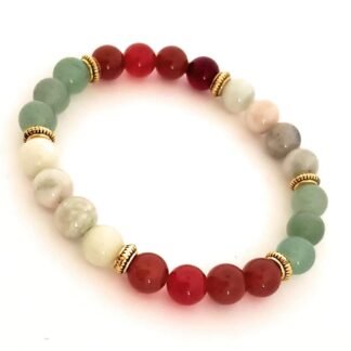 Healing Crystals All Natural Stone Bead Bracelet made with White and Green Jade, Red Carnelian, Green Aventurine to Bring Luck, Prosperity, Wealth and Courage