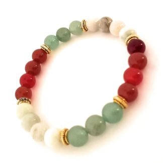 Healing Crystals All Natural Stone Bead Bracelet made with White and Green Jade, Red Carnelian, Green Aventurine to Bring Luck, Prosperity, Wealth and Courage