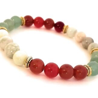 Healing Crystals All Natural Stone Bead Bracelet made with White and Green Jade, Red Carnelian, Green Aventurine to Bring Luck, Prosperity, Wealth and Courage