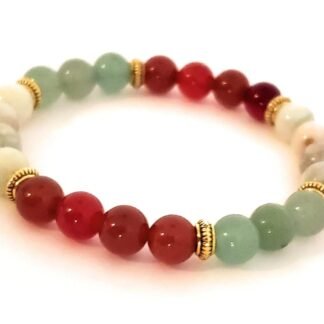 Healing Crystals All Natural Stone Bead Bracelet made with White and Green Jade, Red Carnelian, Green Aventurine to Bring Luck, Prosperity, Wealth and Courage