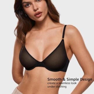 INLYRIC Women's Cosnufy Sheer Balconette Bra Demi Unlined Plunge Mesh See Through Sexy Bras Underwire