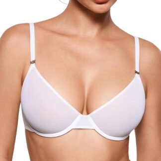 INLYRIC Women's Cosnufy Sheer Balconette Bra Demi Unlined Plunge Mesh See Through Sexy Bras Underwire
