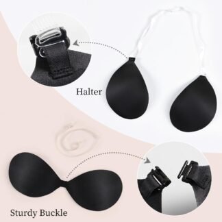 Invisible Adhesive Push-Up Bra Sticky Strapless Bra with Clear Halter Neck Strap for Backless Dresses/Tops