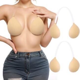 Invisible Adhesive Push-Up Bra Sticky Strapless Bra with Clear Halter Neck Strap for Backless Dresses/Tops