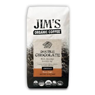 Jim’s Organic Coffee – Double Chocolate: Ground All Natural Flavored Light Roast (12oz) -100% Arabica Coffee Beans - USDA Certified Organic – Kosher – Regeneratively Grown -...