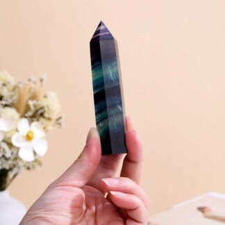 Jovivi Rainbow Fluorite Healing Crystal Wands,3.5"-4" Natural Polished Hexagonal Point Chakra Crystal Wand for Reiki Energy Meditation Stone Home Decor Collection Gift 1PC
