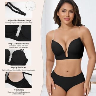 JOYSHAPER Low Cut Bras for Women Deep Plunge Cleavage Backless Bra Underwire Convertible Push up Halter Bra with Clear Straps