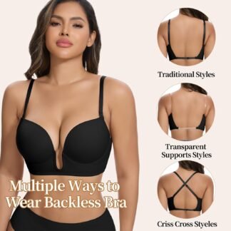 JOYSHAPER Low Cut Bras for Women Deep Plunge Cleavage Backless Bra Underwire Convertible Push up Halter Bra with Clear Straps