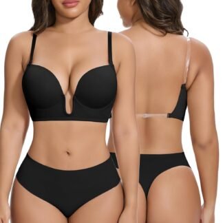 JOYSHAPER Low Cut Bras for Women Deep Plunge Cleavage Backless Bra Underwire Convertible Push up Halter Bra with Clear Straps