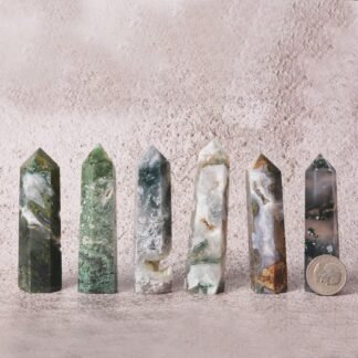 Justinstones Large Moss Agate Crystal Tower Healing Crystal Wand for Spiritual Use Hexagonal Point Reiki Chakra Gemstone Home Decor