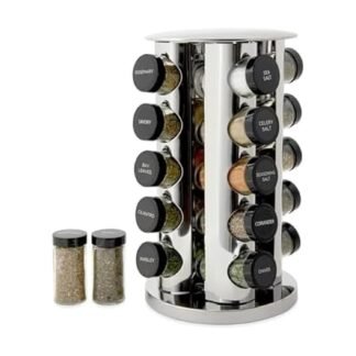 Kamenstein 20 Jar Revolving Countertop Spice Rack with Spices Included, FREE Spice Refills for 5 Years, Polished Stainless Steel with Black Caps, 30020