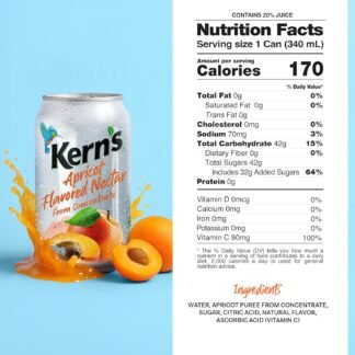 Kern’s Apricot Nectar Juice - Made with Fresh Fruit Puree & Apricot Juice Concentrate for Smoothie Mix, Cocktail Mixers, Kids Drink & Beverages - 11.3oz, 24 Pack Canned Drinks