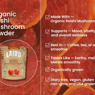 Laird Superfood Organic Reishi Mushroom Powder for Immune Support and Stress Relief, 3.17 oz. Bag, Pack of 1
