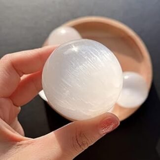 Loverain 1pcs White Big Selenite Crystal Ball with Decorative Wooden Stand for Meditation Fengshui Home Decors Healing Crystal Ball(60mm / 2.36 in)